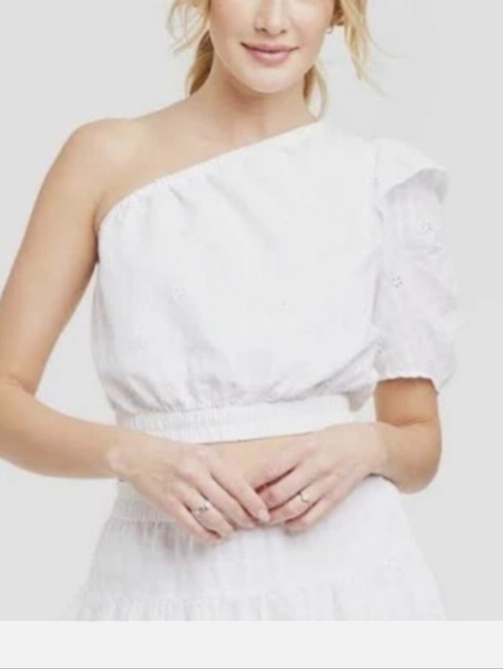 Universal Thread Women's One-Shoulder Eyelet Crop Top – Size Large - Picture 3 of 10